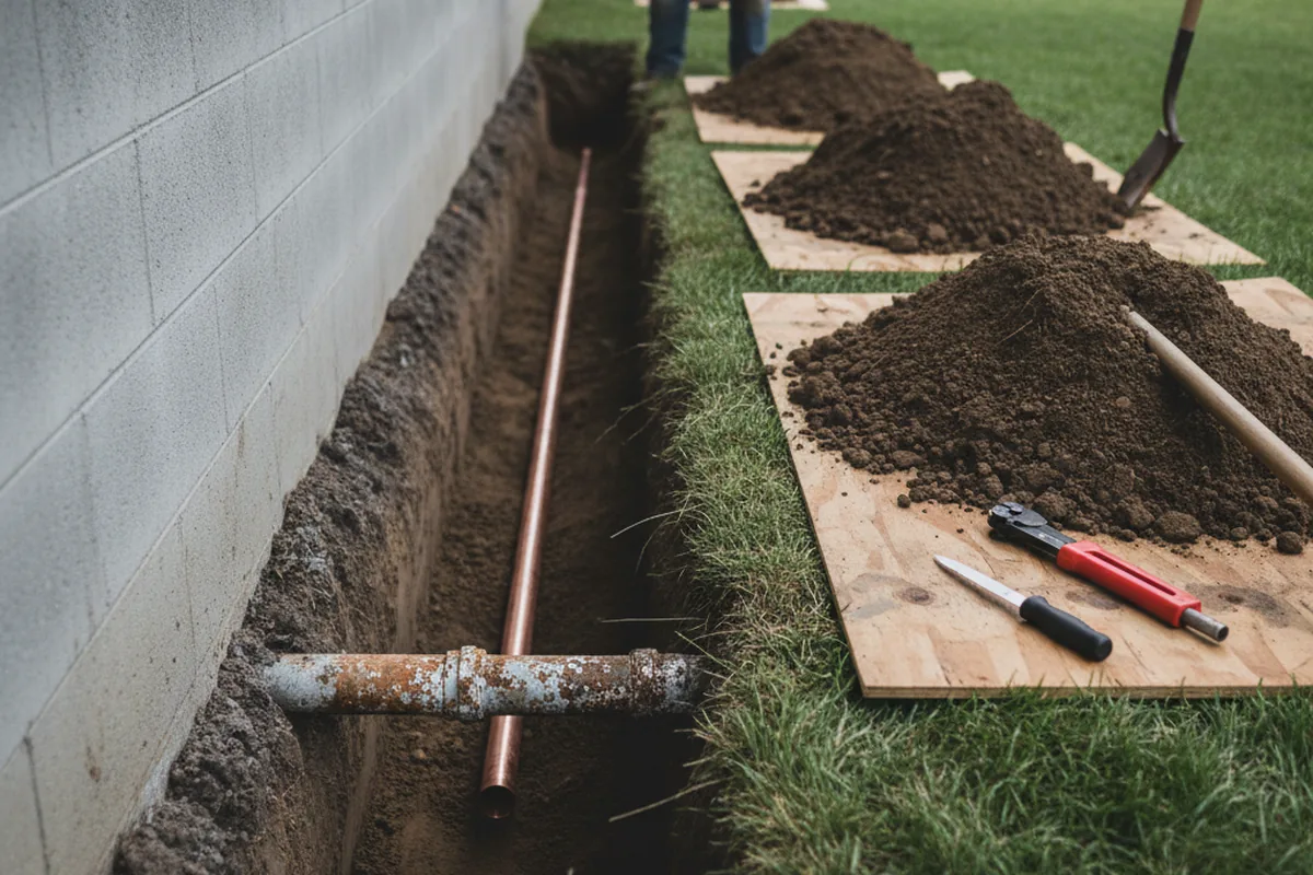 Excavated water line trench during Sewer Line Repair in Rush